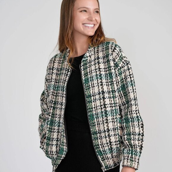 New Zara Plaid Textured Tweed Oversized Bomber Green Chanel Style Jacket NWT XS - Picture 5 of 17